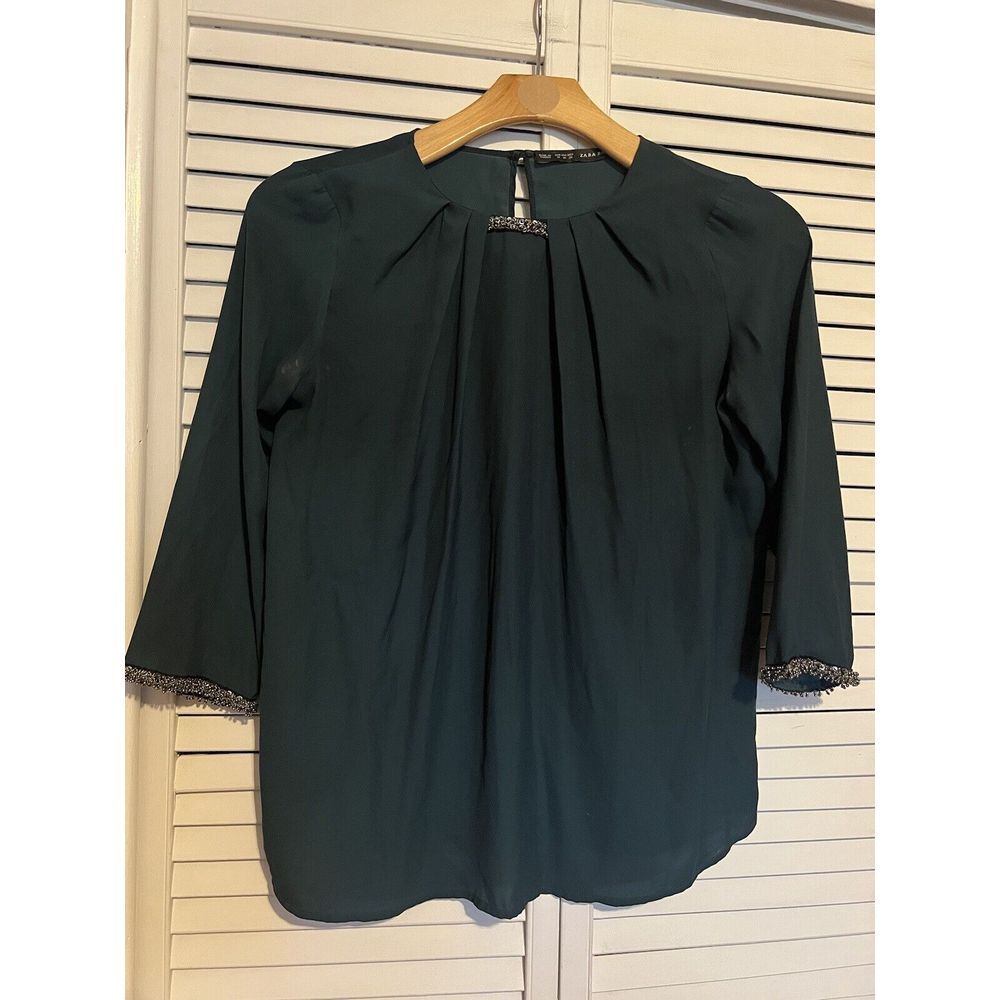 ZARA Women's Size M‎ Medium Top Shirt Blouse Beaded Jeweled 3/4 Sleeve Green